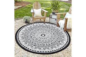 ‎TUKDAK TUKDAK Schwarz Rund Outdoor Teppich Wetterfest 150cm, Wendbarer Outdoorteppich Matte Kunststoff Teppich, Wasserdichter Außenteppich, UV-beständige Camping Matte für Balkon Terrasse Garten RV Picknick