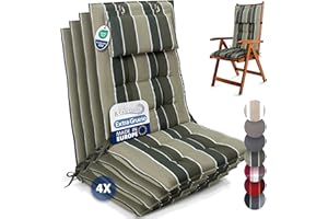 Beautissu Set 4 Premium Cojin Silla Jardín con Respaldo Alto y Almohadilla 120x50cm Sun-HL – Resistencia UV 8cm Grosor Acolchado Cojín Exterior con Respaldo Antideslizante – Rayas Verde