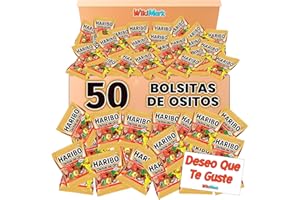 Lote 50 Mini Bolsitas Ositos de Oro Haribo con Tarjeta WikiMark "Deseo que Te Guste". Bolsitas de Gominolas Haribo Perfectas para Regalar en Cumpleaños, Halloween, Comuniones o Navidad.