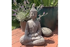 K&L WALL ART Figurine de Jardin Bouddha en Pierre Artificielle Aspect Béton Statue de Feng Shui Zen méditation décoration intérieur et extérieur résine Gris Grande 45cm