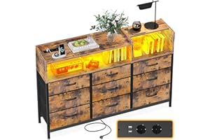 ‎ODK ODK Kommode mit Schubladen, Komodenschrank mit 2 Steckdosen, 2 USB und 10 Farbigen LED-Streifen, Kommode mit Regal Arbeitsplatte mit 9 Stoff Schubladen für Schlafzimmer Wohnzimmer, 130 * 30 * 97cm