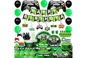 FRUITFUL PARTY 194Pcs Gamer Geburtstagsdeko,Videospiel Party Deko Set-Happy Birthday Banner,Game on Flagge,Kuchendeckel,Tischdecken,Luftballon Spiel&Videospiel Party Geschirr ect Videospiel Party Zubehör