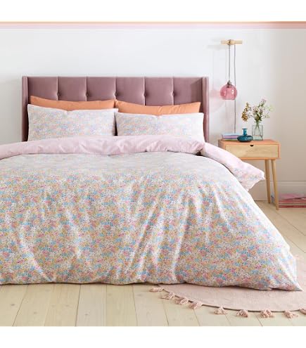 Set Copripiumino Reversibile Catherine Lansfield Meadowsweet – Motivo Floreale Su Rosa Cipria, Super King 220x260 + 2 Federe
