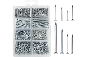 OMOTOOL Set di chiodi in acciaio (900 pezzi), chiodi in cemento zincato per appendere immagini e lavorazione del legno, per cartongesso e pino, 8 misure