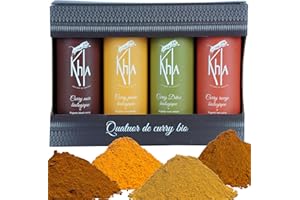 Khla - Confezione di 4 Curry Biologici - Curry Giallo, Curry Nero, Curry Rosso & Curry Detox Verde - Polvere 4x 100 g - Miscele Esclusive - Set Regalo Spezie Natale Compleanno - Origine Cambogia