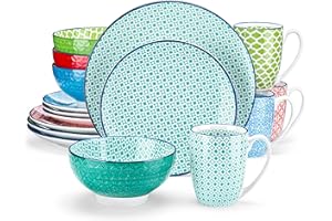vancasso Macaron Dinnerware Set 16 Pieces Porcelain Dinner Set - Multicolour Japanese Dinner Service Mediterranean Crockery with Dinner Plate, Dessert Plate, Cereal Bowl and Mug, Service for 4