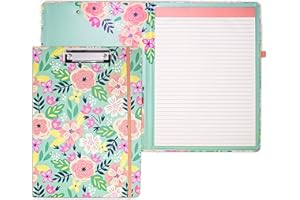 STEEL MILL AND CO. Steel Mill & Co Cute Clipboard Folio with Refillable Lined Notepad and Interior Storage Pocket, Padfolio for Work, Mint Floral