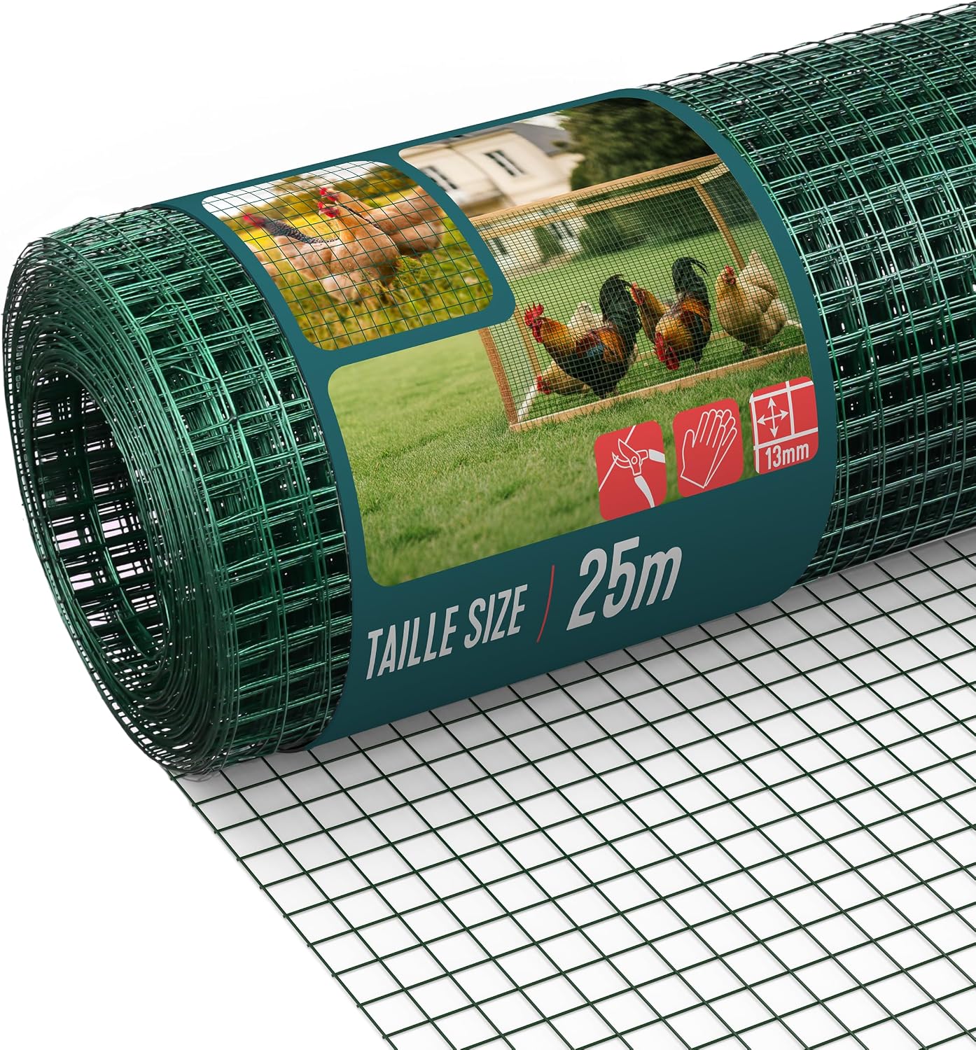VOUNOT® Malla de Alambre Soldada Rollo de Malla Metálica Electrosoldada 1x25m Revestimiento PVC Agujero 13x13mm Ø Alambre 0,8mm Valla Gallineros para Jaulas de Conejos Jardín Roedores Pequeños Verde