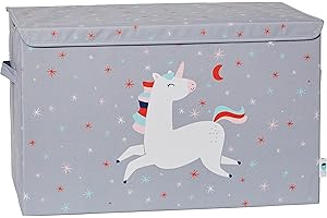 LOVE !T STORE !T LOVE IT STORE IT Spielzeugtruhe mit Deckel - Aufbewahrungsbox groß aus Stoff - Verstärkt mit Holz - Robust und stabil - Grau mit Einhorn - 62x38x39 cm