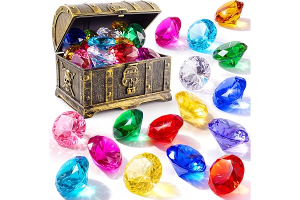Sloosh Diving Gems Pool Toys, 16 Big Colorful Diamond with Pirate Treasure Chest, Swim Dive Diving Toy for Kids Underwater Gemstone Swimming Training Gift Toys