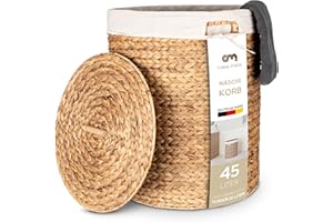 Casa Mina® Wäschesammler mit Deckel D35 x H50cm hoch I Atmungsaktiver Wäschekorb geflochten aus 100% Naturfaser I Robuster Wäschesammler mit Griffen & waschbarem Innensack I Wäschekörbe - Manila
