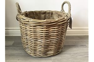 SMRL Round Kindling/Storage Basket, Hessian Lined, Excellent Quality, Very Strong Kuba Rattan (Medium)