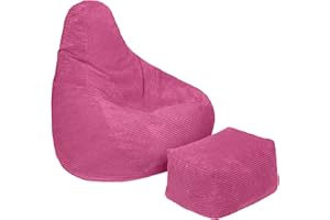 Loft 25 Sitzsack mit Hoher Rückenlehne für Erwachsene | Cordstoff, Innenfutter | Ergonomisches Design für Körperunterstützung (Rosa, Sitzsack+Hocker)