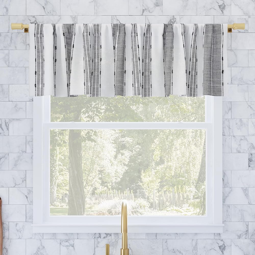 Archaeo Şantuk Doku Çizgili Pamuk Kafe Perdesi Valance, 132 cm x 35 cm, Siyah/Beyaz