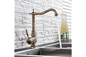 SAEUWTOWY Retro Tallado Grifo del fregadero de la Cocina,Cocina Familiar Moderno y Baño, Grifo Mezclador de Cobre Antiguo Palanca Lavabo Grifos de Lavabo Con Caño Giratorio