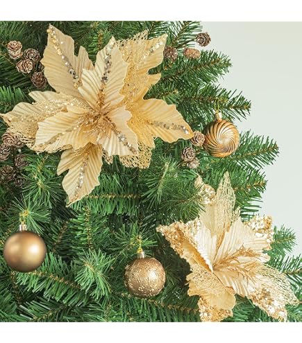6 Fiori Di Natale Glitterati Grandi 29,8 Cm – In Velluto E Seta, Regolabili, Per Albero, Ghirlande E Decorazioni