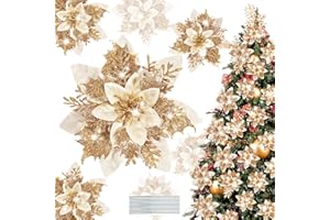 Pecehom 16 Pieces Poinsettia Christmas Decorations,Glitter Artificial Poinsettia Flowers Christmas Tree Ornaments,for New Year Wedding Xmas Wreath Home Party Decor (Gold)