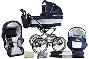 Bergsteiger Venedig Nostalgie Kinderwagen 3 in 1 Retro Kombikinderwagen Megaset 10 teilig inkl. Babyschale, Babywanne, Sportwagen und Zubehör (marine/white)