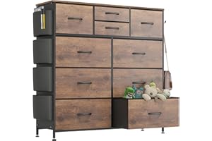 Buluri Tall Chest of Drawers Bedroom, 10 Fabric Drawers Dresser with Side Pockets and Hooks, Wooden Top and Metal Frame, Storage Drawers for Closet, Living room, Kids Room (Rustic Brown)