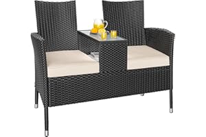 CASARIA® 2-Seater Polyrattan Garden Bench Including Table And Cushions | 143x55x88cm | 320kg Capacity | Weatherproof Loveseat Patio Balcony Furniture | Outdoor Cinema Seat | Black