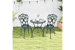 KOMFOTTEU Juego de Muebles de Jardín de 3 Piezas de Aluminio Fundido, Conjunto de 2 Sillas y Mesa con Orificio para Sombrilla, Juego de Bistró para Balcón, Patio, Terraza (Verde)