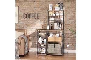 FEFE Baker's Rack 4 Tier Industrial Look Wooden Multipurpose Kitchen Home Storage Rack Table Shelf With Hooks & Basket