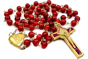 NAZARETH STORE Koraliki szklane z czerwonego koralu Różaniec katolicki Święty Benedykt Modlitwa Naszyjnik z koralików z cudownym medalionem w kształcie serca i krzyżem Jezusa