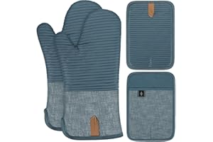 ‎BONTHEE BONTHEE Topflappen Set Ofenhandschuhe Extra Lang Topfhandschuhe mit Anti-Rutsch Silikon Gestreift kochhandschuhe für Kochen Backen - 4er Set - Blau