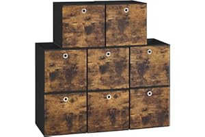 SONGMICS Storage Boxes, Set of 8 Foldable Fabric Storage Cubes, 33 x 33 x 33 cm, Fit Cube Shelves or Organizers, Bins for Clothes, Bedroom, Living Room, Rustic Brown and Ink Black RFB833B01
