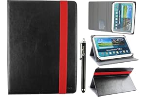 Emartbuy Universal 9.1 Inch - 10.5 Inch Black Multi Angle Folio Wallet Case Cover With Card Slots Red Elastic Strap and Stylus Pen Compatible With Selected Devices Listed Below