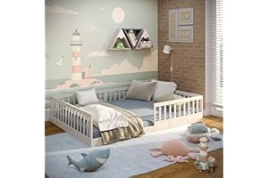 CADANI Timi 2en1 Lit au Sol 140x200 cm Lit Enfant Montessori avec Barrière de Sécurité et Sommier à Lattes, Bois Massif Pin, Blanc, 3 Variantes de Construction, Transformable