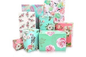 MAMUNU Gift Wrapping Paper, 12 Sheets Pink and Cyan Flower Gift Wrapping Paper, Floral Birthday Wrapping Paper for Women Girls, Gift Wrap for Wedding Birthdays Valentines Mothers Day, 50 X 70CM