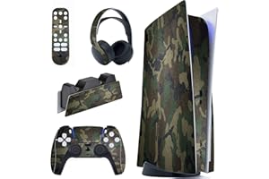 playvital Army Green Camouflage Full Set Skin Decal for ps5 Console Disc Edition,Sticker Vinyl Decal Cover for ps5 Controller & Charging Station & Headset & Media Remote