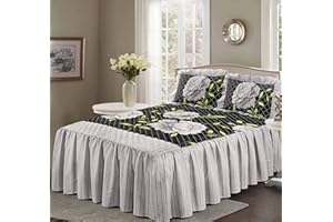 QM-Bedding® Designer Luxuries Luxury Floral and Stripes Design Quilted Bed Spreads With 23" Deep Frill NZ (Rosaleen Black/White, King Size)