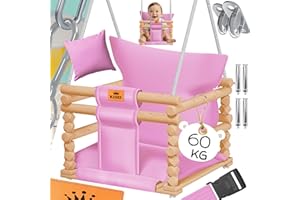 KIDIZ® Huśtawka dziecięca, huśtawka dziecięca z tapicerką, drewniana huśtawka z zabezpieczeniem przed przechyleniem do 60 kg, regulacja wysokości, do użytku wewnątrz i na zewnątrz, 0,5-3 lat,
