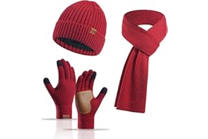 Yoolhamy Conjunto de gorro, bufanda y guantes para mujer de 3 piezas de invierno térmico grueso de punto gorro, bufanda larga, guantes de pantalla táctil para calentador de cuello, gorro de esquí al