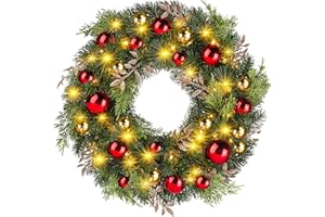 Ulinek Christmas Wreath, 40 LED Wreath Decoration Xmas with Timer for Front Door, Door Hanging Garland Light up Christmas Wreath Battery Operated Decor Artificial Wreath Indoor for Door Window Wall