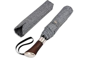 Balios (Designed in UK) Travel Folding Umbrella Lux Hardwood Handle Auto Open & Close Windproof Single Canopy