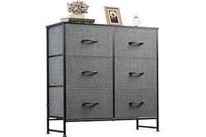 WLIVE Cómoda de Tela con 6 Cajones, Cómoda de Dormitorio, Aparador, Estructura de Acero, Ideal para Sala de Estar, Habitación de Niños, Pasillo, Fácil de Instalar, Gris Negro