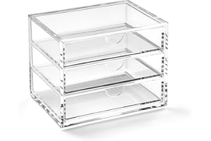 OSCO Bardzo mała, przezroczysta akrylowa komoda z 3 szufladami | przechowywanie pinów | biżuteria | spinacze do papieru | małe artykuły pa | wys. 10 x szer. 12 x gł. 9 cm |