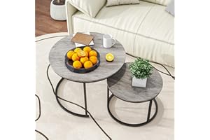 HOJINLINERO Round Coffee Table Set of 2,Nest of Tables,Coffee Tables for Living Room,Wooden Coffee Table with Storage&Metal Frame,Modern Side Sofa Nesting Tea End Tables Living Room,Grey Coffee Table