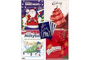 MASONARA Chocolate Advent Calendars 2024 for Kids and Adults - 4 Pack with Cadbury Dairy Milk, Galaxy, Maltesers and Milkybar - Christmas Countdown Calendar Bundle Complete with 4 Luxury Festive Greeting Cards
