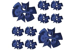 LILIUM KIDS 10pcs Navy Blue Hair Bows Clips Slides Grips 3" inch Pinwheel Solid Vibrant Colour Girls Hairbows