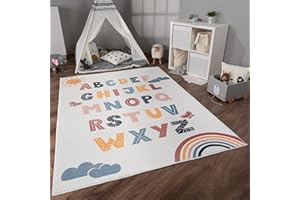 ‎PACO HOME Paco Home Teppich Kinderzimmer Kinderteppich Spielteppich Kurzflor rutschfest Krone Herzen Punkte Sonne Regenbogen Buchstaben, Grösse:160x220 cm, Farbe:Bunt