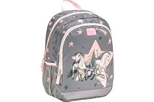 Belmil Kindergartenrucksack mit Brustgurt und Namensschild für 3-6 Jährige / Mädchen / 12 L / Krippenrucksack Kindergartentasche Kindertasche / Pferd / Pink Grau (305-4/A Star Horses)