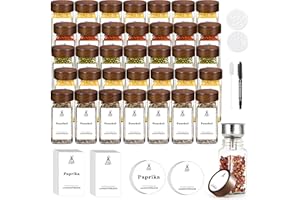 SIAZIH Lot de 24 pots à épices carrés en bois d'acacia - 320 étiquettes à épices intégrées - 120 ml - En verre borosilicate de qualité supérieure…
