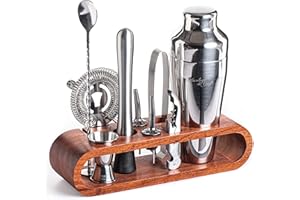 Mixology & Craft Cocktail Set (10 pezzi) - Elegante set shaker per cocktail con shaker in acciaio inossidabile e accessori da bar in supporto in legno di mogano - Set regalo decorativo - argento