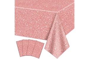 QUERICKY 4 Pack Pink Rose Gold Tablecloths, 220x130cm Sequin Printed Table Cover, Rose Glitter Birthday Background Decorations for Girls Birthday Wedding Graduation Princess Party Supplies