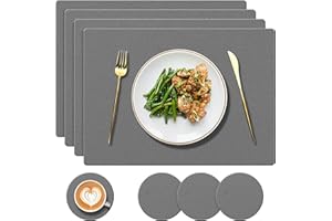 YUNJUER Silicone Place Mats and Washable Coasters Set, Heat-Resistant 450 °F, Non-slip Waterproof Wipeable Placemats for Dining Table, Restaurant, Indoor Kitchen, Outdoor, 8 Pieces, Dark Grey