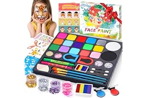 Chennyfun Face Paint Kit for Kids, 17 Colors Professional Face Painting Kit, Large Water Based Paints, Halloween Makeup Kit with Gem Sheet, Glitters, Stencils, Hair Chalks, Body Facepaints for Cosplay